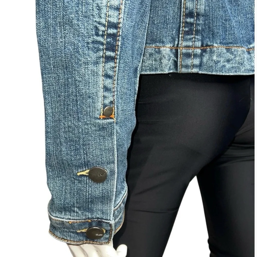 Vigoss Jeans Distressed Corduroy Patches Blue and Tan Utility‎ Denim Jean Jacket